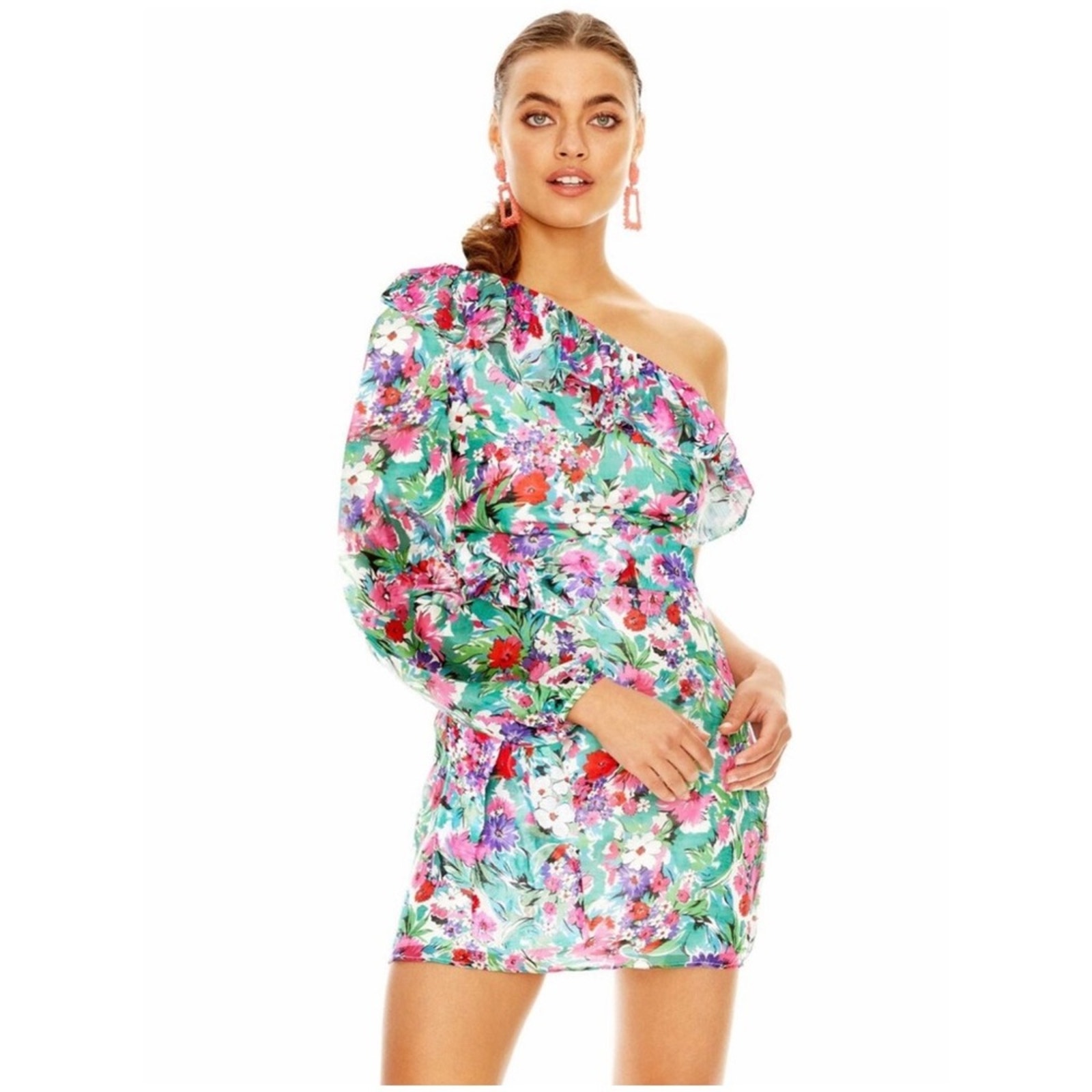 La Maison Talulah Womenâs Sz M Floral One Sleeve Mini Dress Ruffle Pink Green
